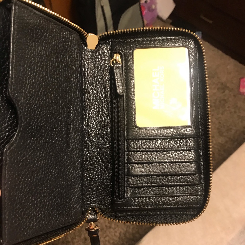 MK black leather wristlet wallet